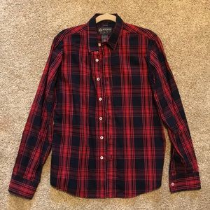 Button down red and navy blue.